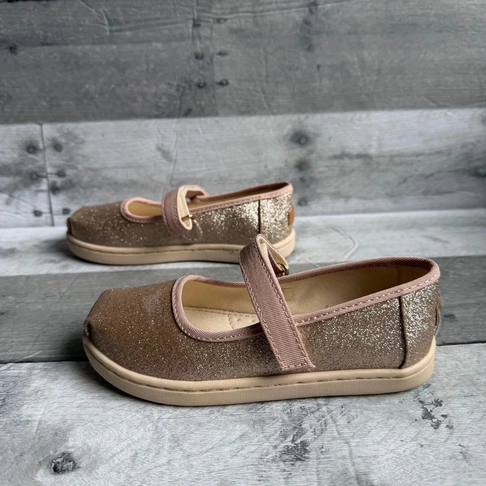 TOMS Toddler Rose Gold Glitter Mary Jane Flats Hook Loop Strap Size 9
